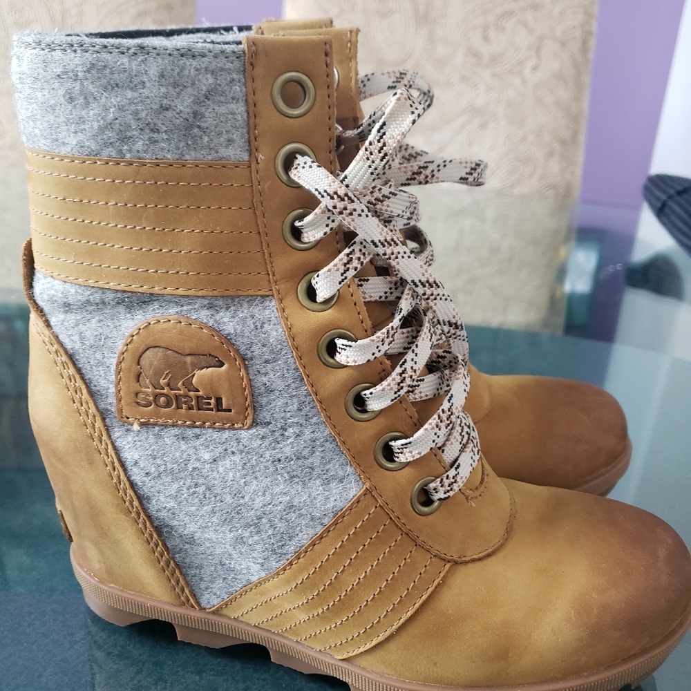 Sorel Tan and Gray Wedge Lace-Up Ankle Boots - Picture 8 of 12